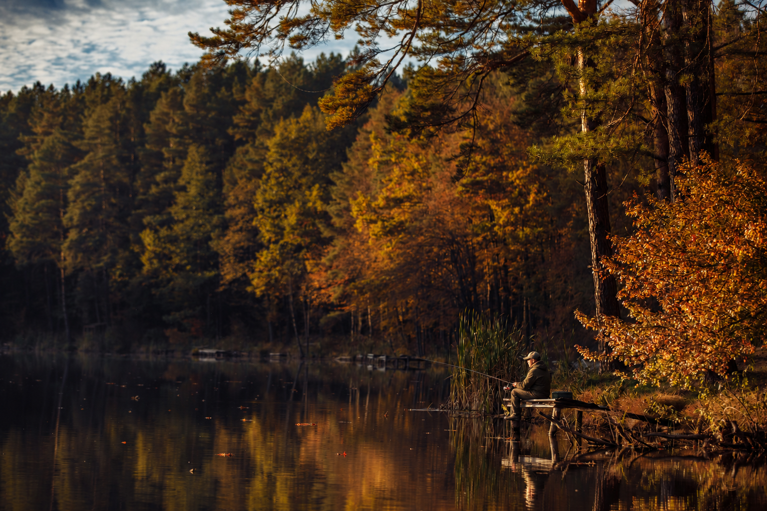 Angler fishing from a wooden bench on a calm Muskoka lake surrounded by autumn forest in Severn, Ontario